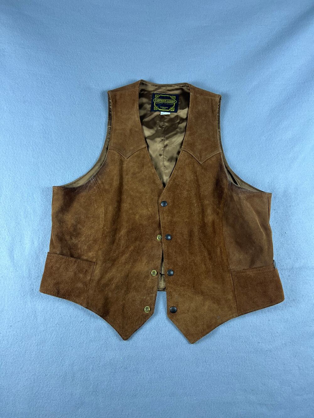Vintage Pioneer Wear Leather Vest Mens 44 Brown Snap Up Suede Western Cowboy